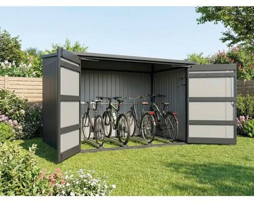 Fahrradgarage floraworld Premium Metall inkl. Führungsschienen, Geräteleiste, 4 Gerätehaken 217 x 229 x 166 cm schwarz