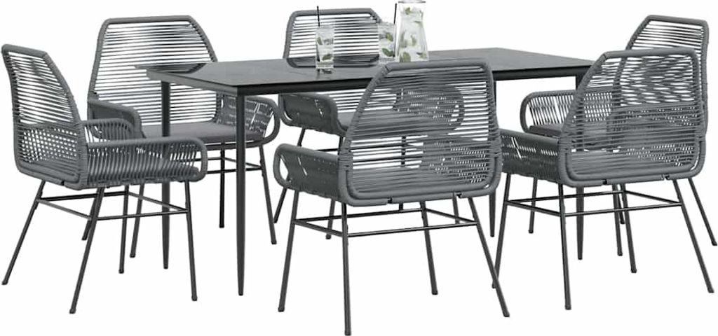 7-tlg. Garten-Essgruppe mit Kissen Grau Poly Rattan Glas
