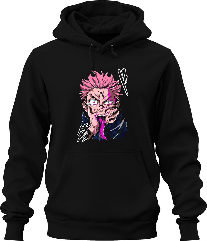 Anime Dämon rosa Haare Anime Ästhetik Zunge Fänge Horror Halloween Uni Hoodie Kapuzenpullover, Schwarz, XL