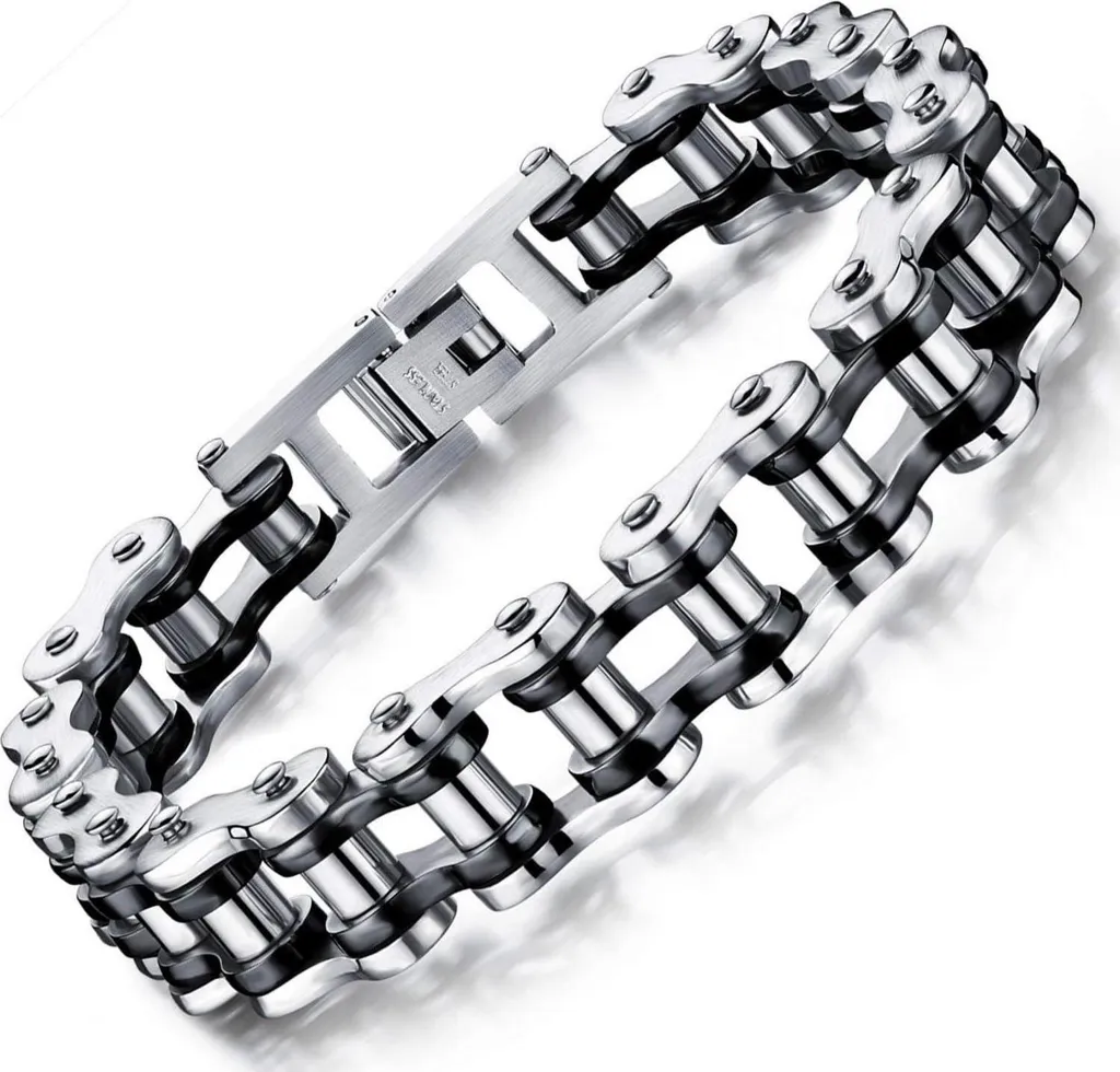 Bracelet Chaîne de Moto Homme en Acier Inoxydable Noir Argent 21.5cm