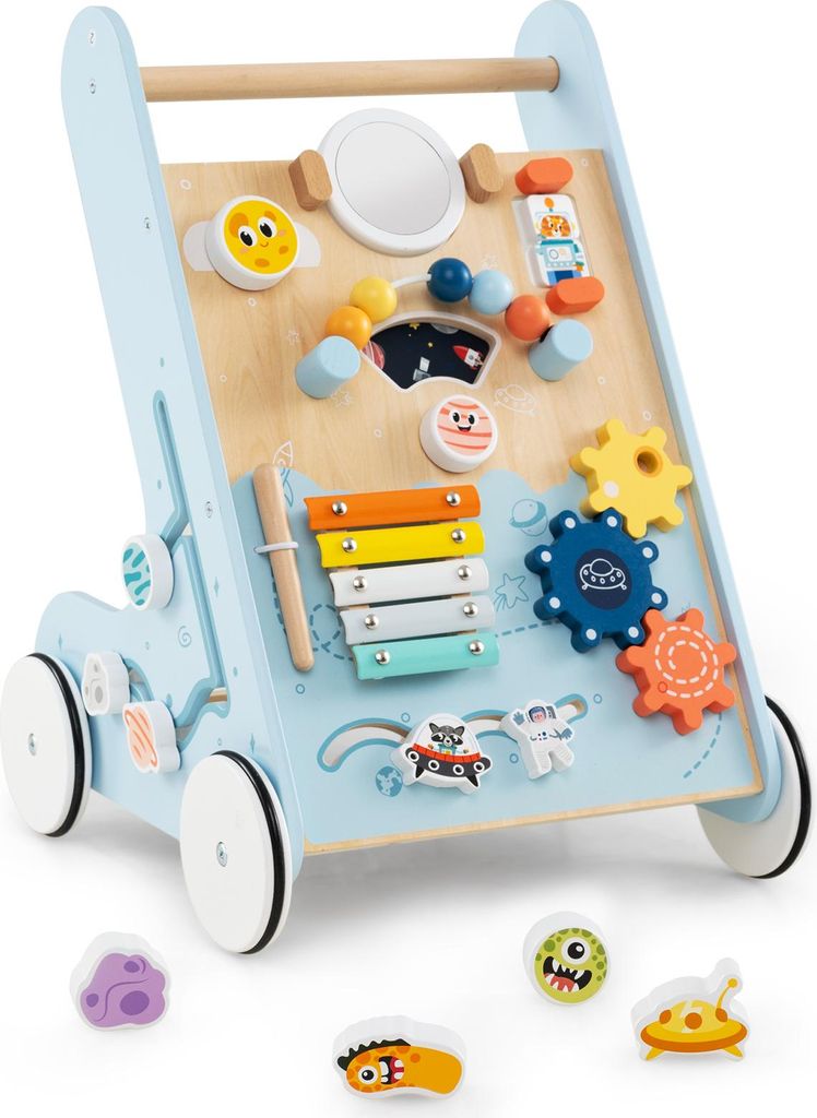 DREAMADE Lauflernwagen Holz, Lauflernhilfe ab 1 Jahr mit Spiegel & Spielbrett, Montessori Gehhilfe Gehfrei Baby Holzspielzeug (Blau)