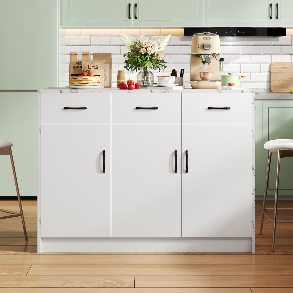 AIORBER Kücheninsel, 3 Schubladen, 3 Türen, verstellbare Einlegeböden, geräuscharme Schubladen, Marmordesign, für Esszimmer, Küche,120x60x90,...