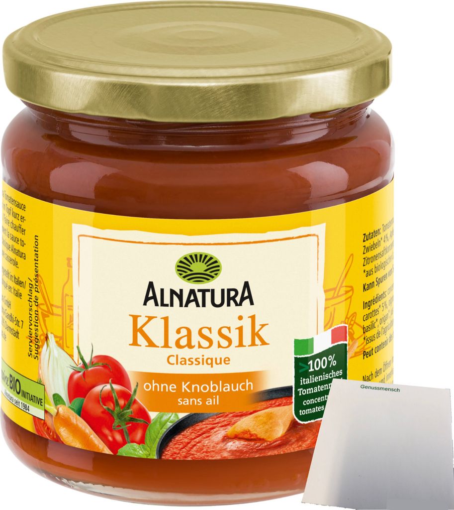 Alnatura Tomatesauce Klassik ohne Knoblauch (350 ml Glas) + usy Block