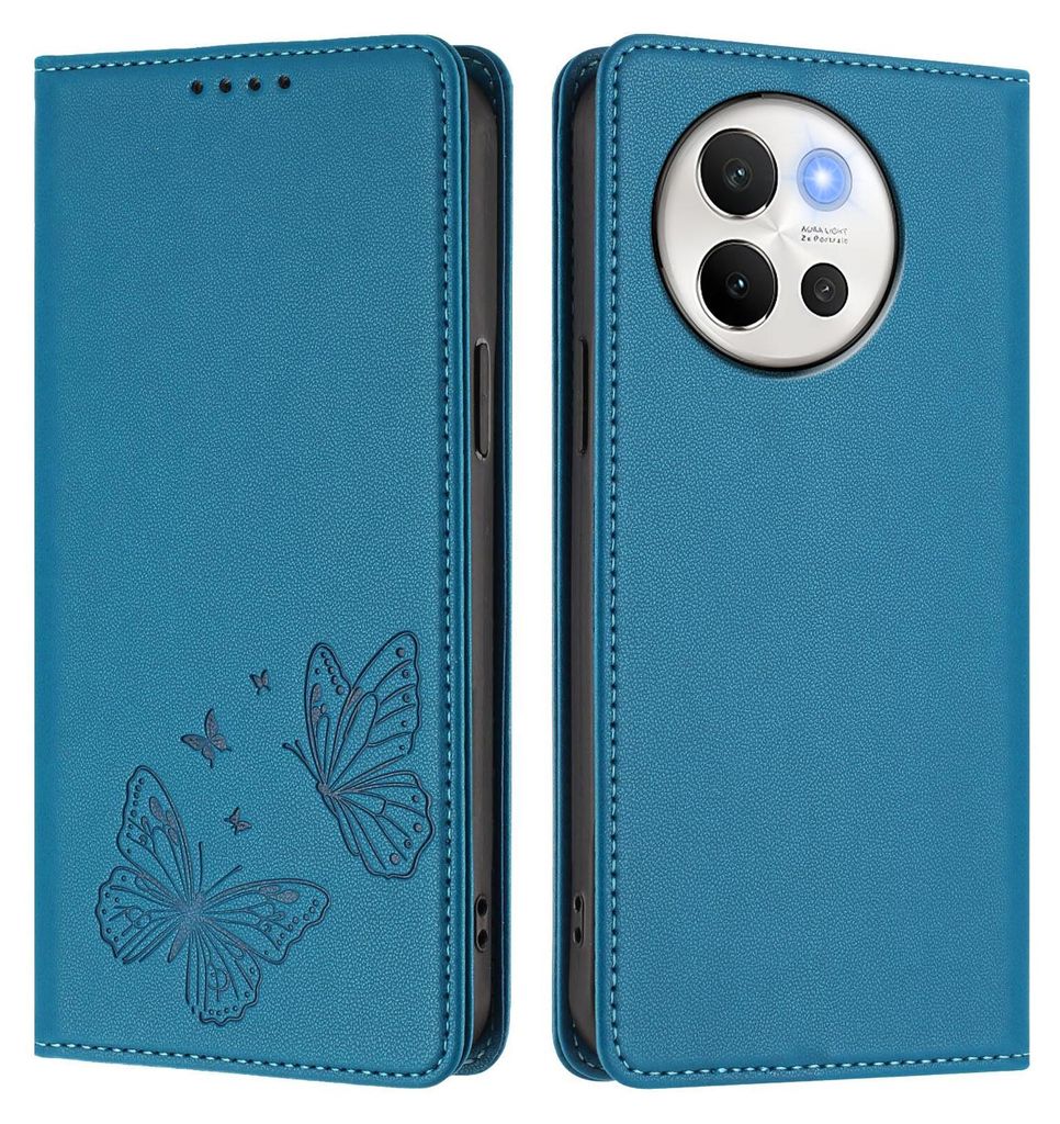 Lederhülle für Vivo V40 Lite 5G, Schmetterling Prägung Leder Brieftasche Schutzhülle mit Ständer Blau
