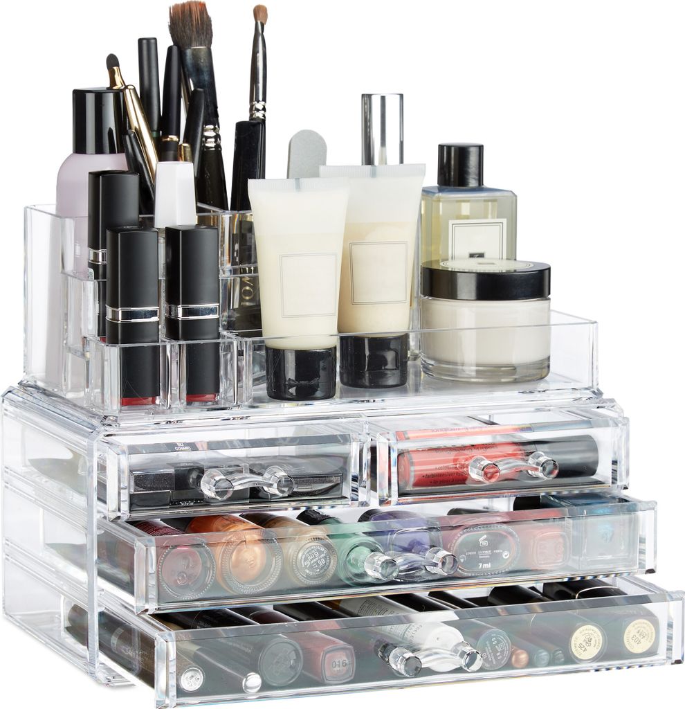 Relaxdays Make Up Organizer mit 4 Schubladen, Kosmetik Halter Nagellack u. Lippenstift, Acryl Make Up Kit, transparent
