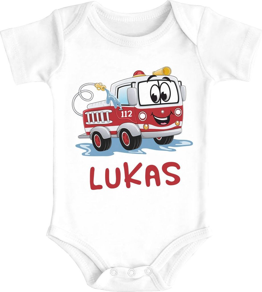 Baby Body mit Namen bedrucken lassen Feuerwehr-Auto Namensgeschenke kurzarm Baumwolle SpecialMe weiß 6-12 Monate