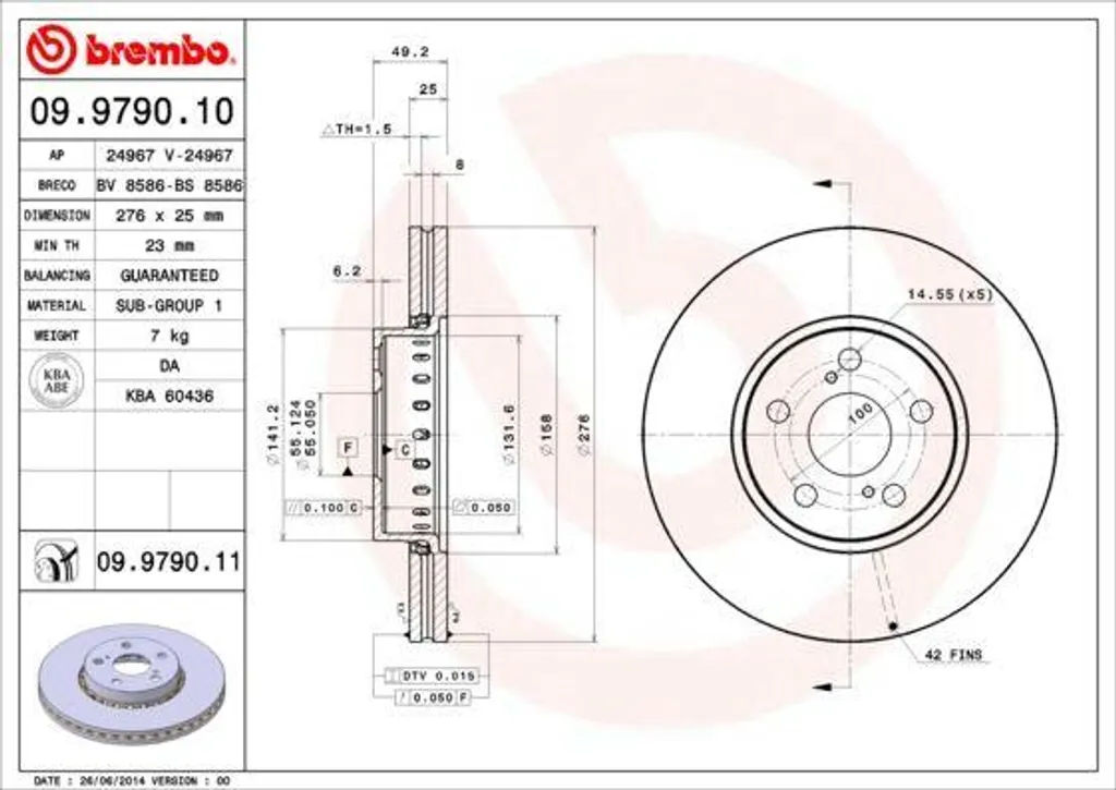 Brembo 09.9790.11 Disque de Frein Avant pour Toyota Avensis T22