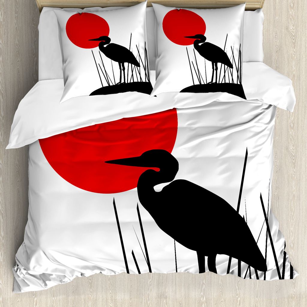 ABAKUHAUS Silhouette Bettbezug Set für Einzelbetten, Reiher-Vogel auf Japanisch, Milbensicher Allergiker geeignet mit Kissenbezug, 200 cm x 200 cm...