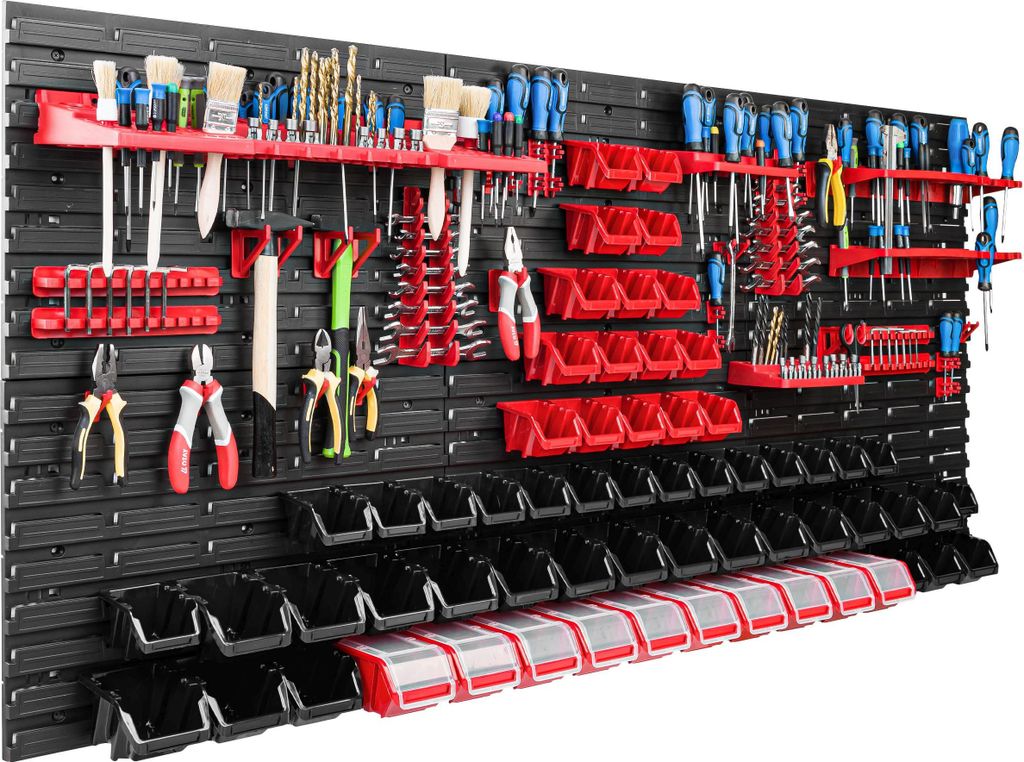 Lagersystem Werkstattregal | 172 x 78 cm | 62 stck. Box | Wandregal mit Werkzeughalterungen und Stapelboxen - Wandplatten Extra Starke Schüttenreg...