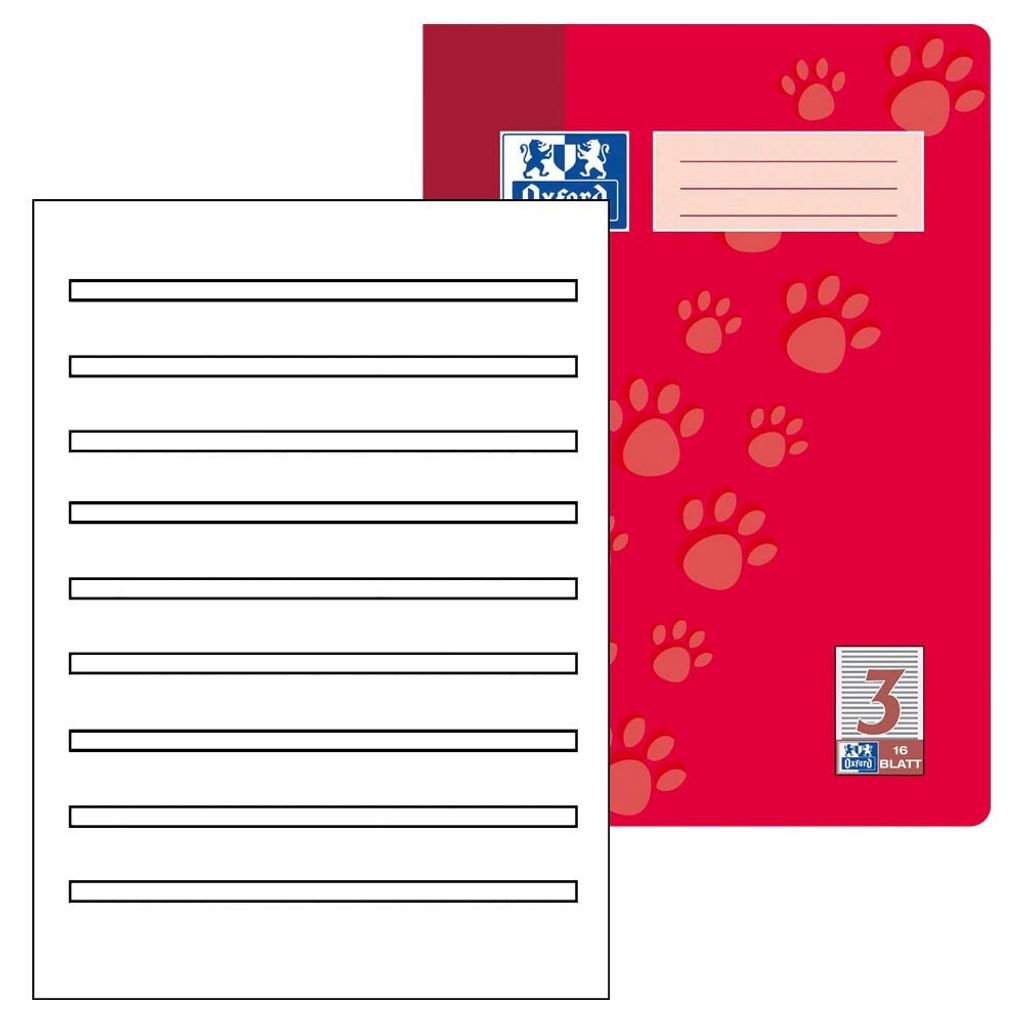 A notebook and a loose sheet of lined paper are shown. The notebook has a red cover with paw prints and a label with the Oxford logo.