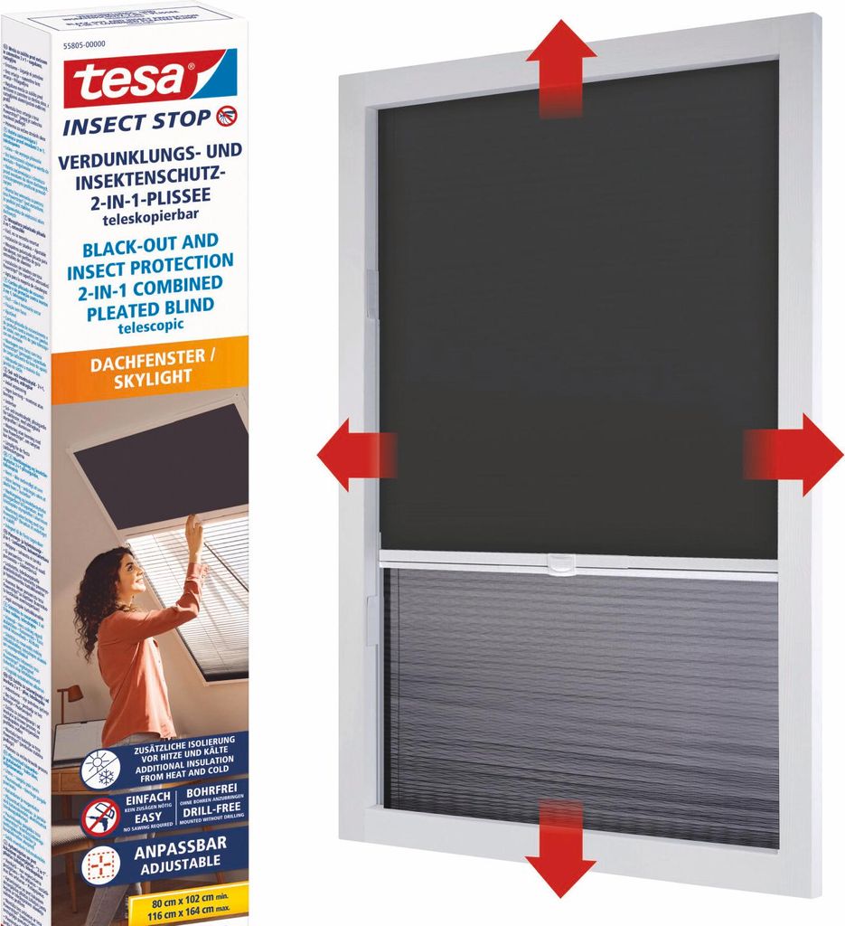 tesa Insect Stop 2-in-1 Dachfenster-Plissee Fliegengitter ohne Bohren und Sägen