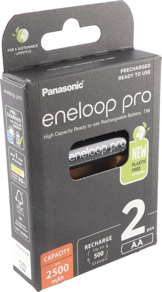Panasonic eneloop pro, vorgeladen, Retail Blister 2-Pack BK-3HCDE/2BE Akku NiMH, Mignon, AA, HR06, 1.2V und 2500mAh
