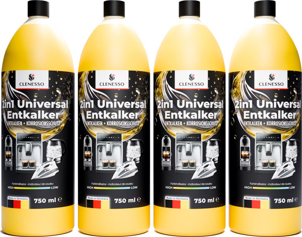 CLENESSO 2in1 Flüssig Entkalker (4 x 750ml) – Kaffeemaschinen Entkalker kompatibel mit Delonghi, Philips, Melitta, Saeco uvm.