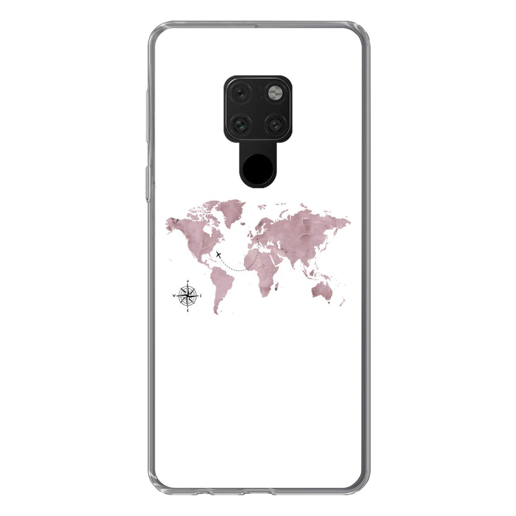 MuchoWow Handyhülle Schutzhülle Hülle für Huawei P40 Lite Weltkarte - Rosa - Flugzeug Silikon Softcase Handy Hülle - Handy
