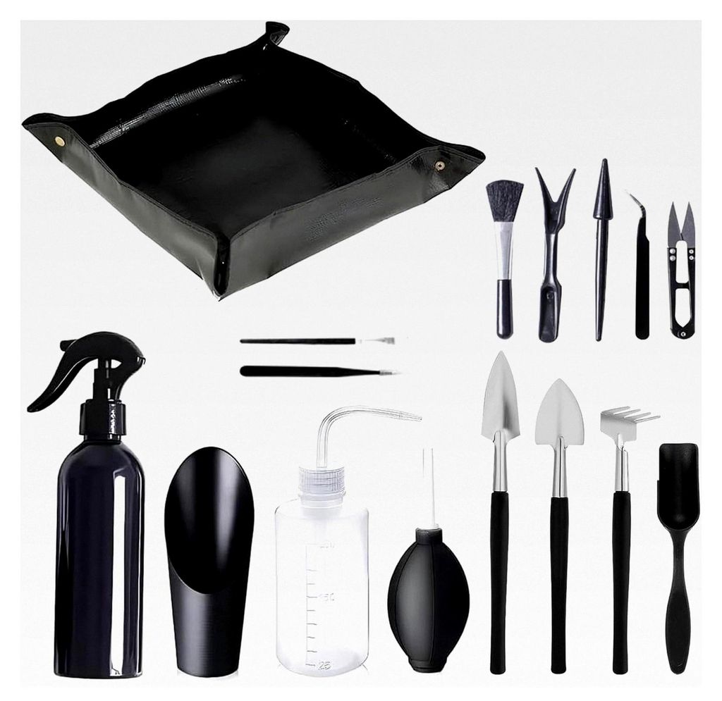 Bonsai Werkzeugset, 16-teiliges Set für die Pflege von Bonsai mit wasserdichter Umtopfmatte, Mini-Gartengeräte für Gartenarbeit, Umtopfen, Sukku...