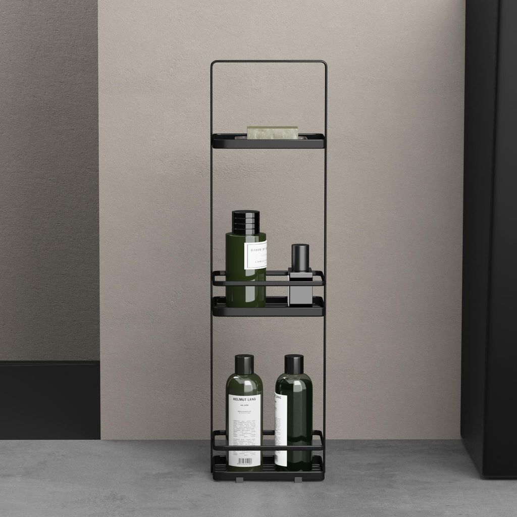 doporro Duschablage ohne Bohren 3 Ebenen Badregal Stehend Badezimmerregal Duschregal Schmales aus Metall für Badezimmer und Toilette Schwarz Reglo-02