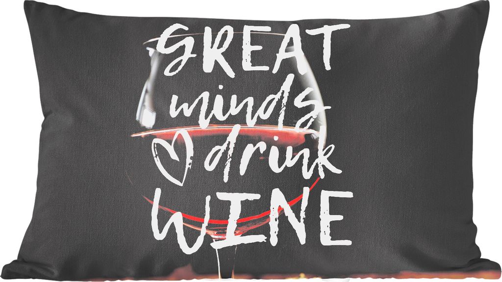 MuchoWow Zierkissen Sofakissen Wohnzimmer Dekokissen 50x30 cm Weinzitat "Große Geister trinken Wein" mit einem Weinglas - Wohnzimmerdekoration -...