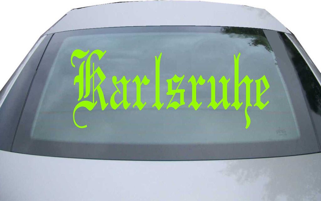 Indigos UG - Aufkleber Heckscheibe & Motorklappe DE6524 - neongrün - 600x240 mm - Stadt Karlsruhe - Auto Scheiben Fenster Heckklappe Tuning Racing...