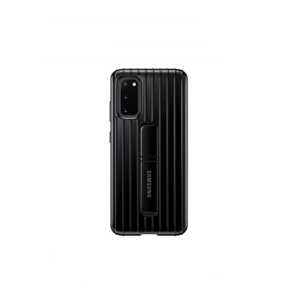 A black Samsung phone case with a stand is shown against a white background.