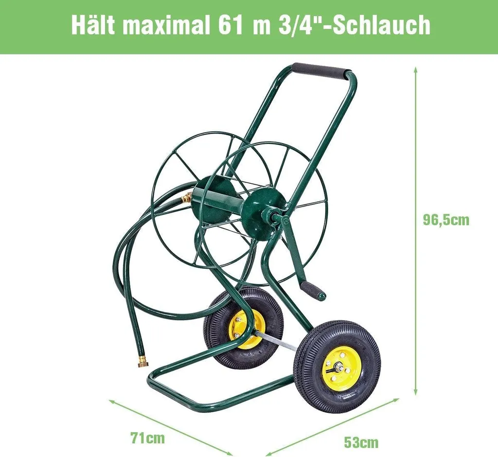 Chariot porte-tuyau de 61m en métal vert pour grand jardin et pelouse - 2