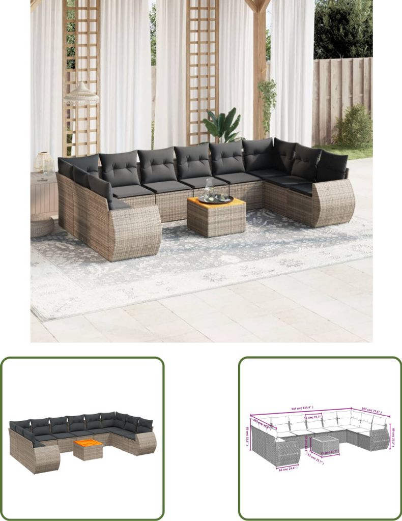 The Living Store 11-tlg. Garten-Sofagarnitur mit Kissen Grau Poly Rattan