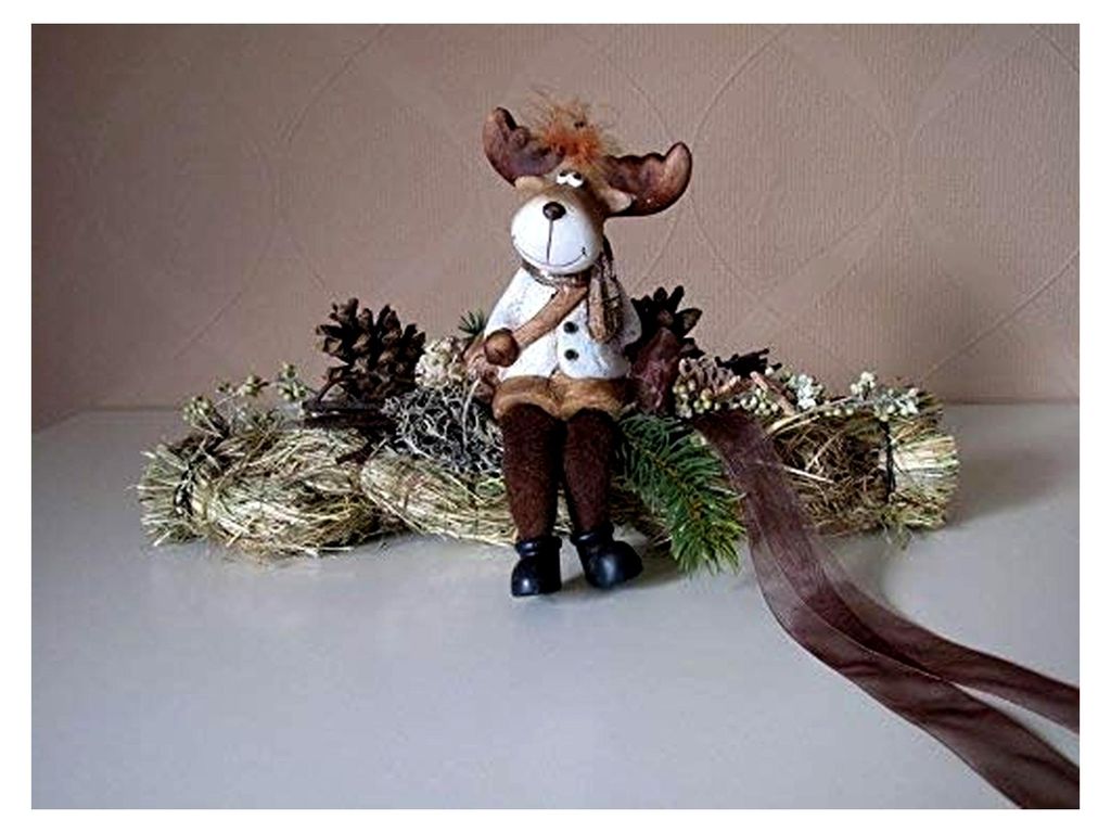Tischdekoration Zopf aus Stroh 28 cm mit Elch - Winter - Weihnachten