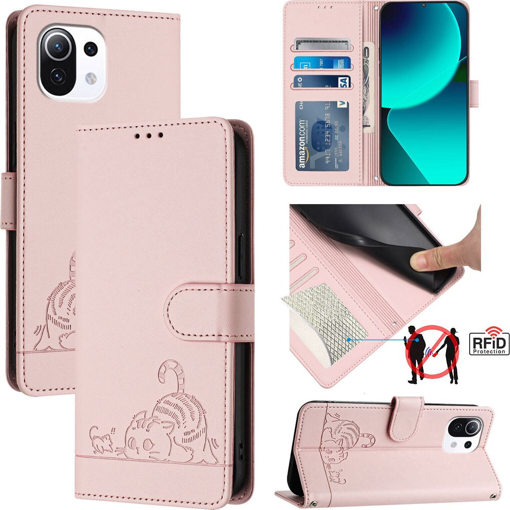 Leder Hülle für Xiaomi 11 Lite 5G NE/Mi 11 Lite/Mi 11 Lite 5G Süße Katze Flip Case Brieftasche Schutzhülle mit Standfunktion Pink