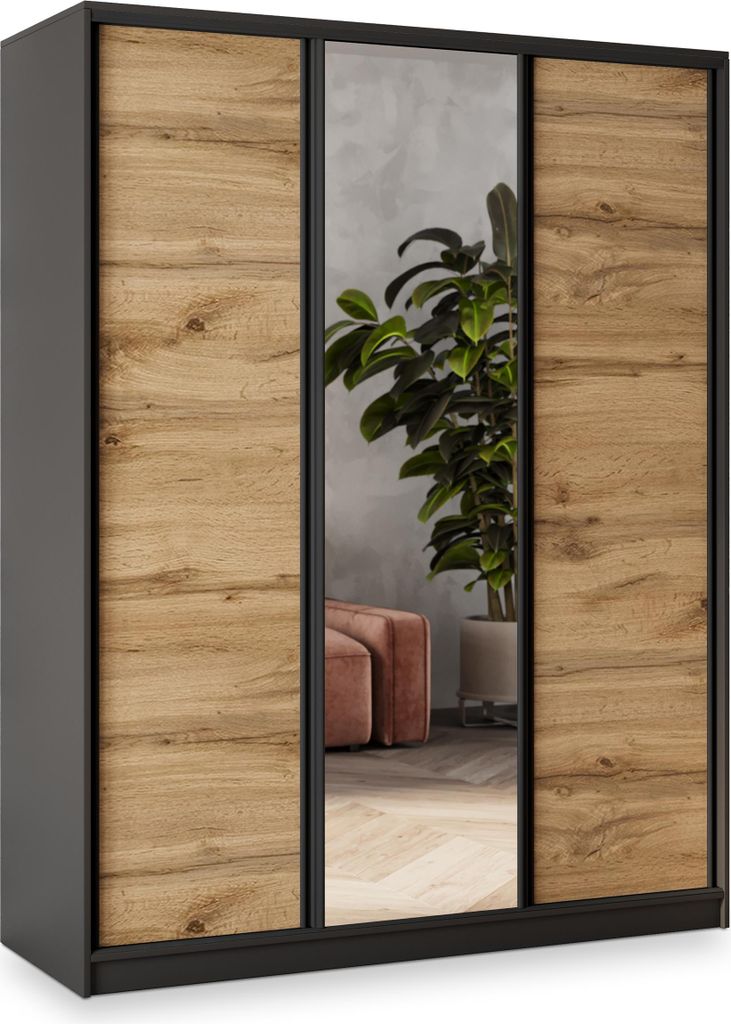 Masseno Schiebetürenschrank SORE 150/205/58 cm Kleiderschrank mit 4 Schubladen Schlafzimmer Schrank 3-türig mit Spiegel Schwarz / Eiche Wotan