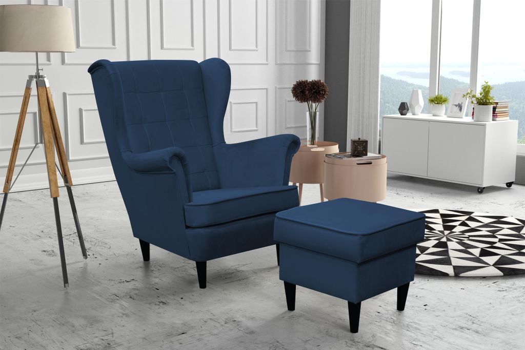 Kaiser Möbel Elegantes Set, Holzgestell, Set Ohrsessel + Fußhocker, Velutti-Stoff Dunkelblau
