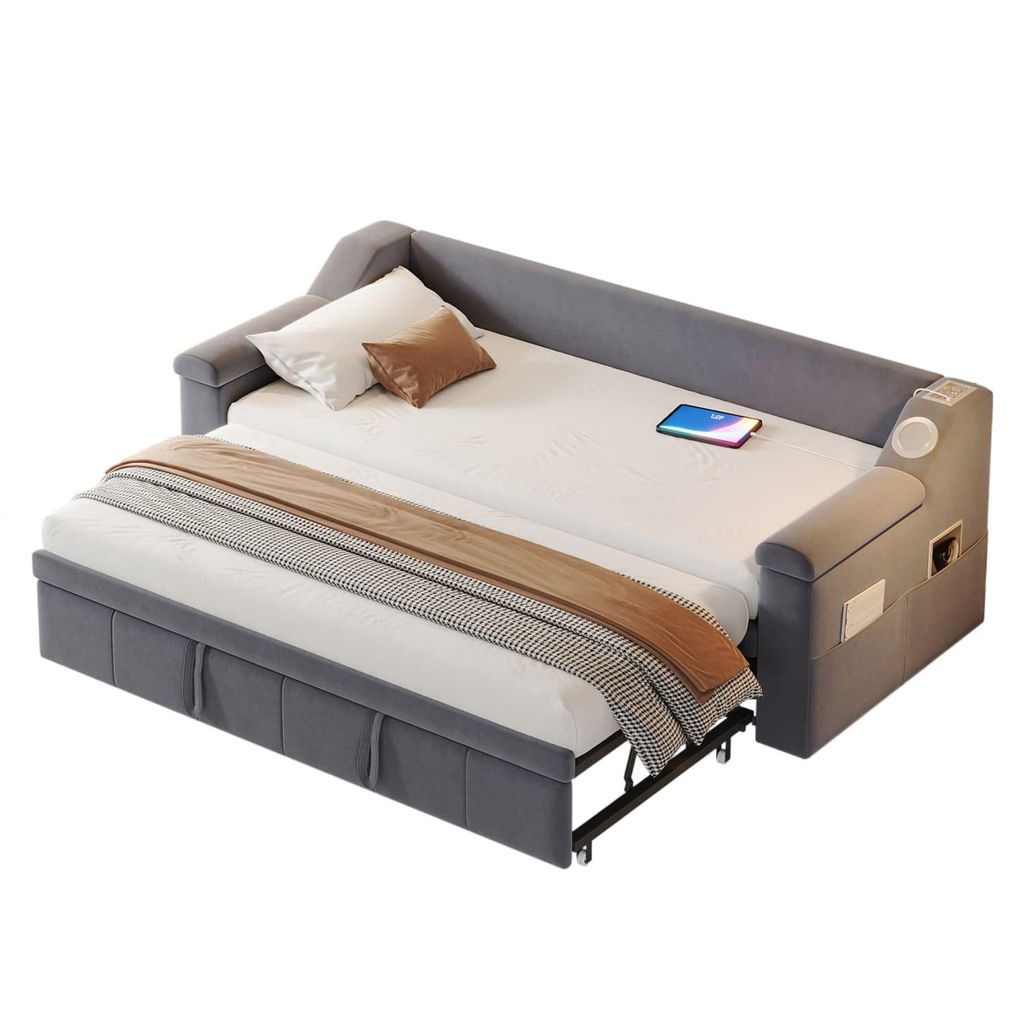 Polsterbett Schlafsofa(grau)Armlehnen Breiter und Dicker,Smart Bluetooth-Stereoanlage Mit USB-Ladeanschluss,Mit Ablagefächern,Lattenrost,Samtstoff