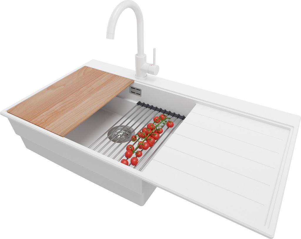 PRIMAGRAN Granitspüle Weiß 90x50cm, Spülbecken 1 Becken + Küchenarmatur 32x20cm + Ablauf-Set + Küchenzubehörset, Küchenspüle ab 60er Unters...