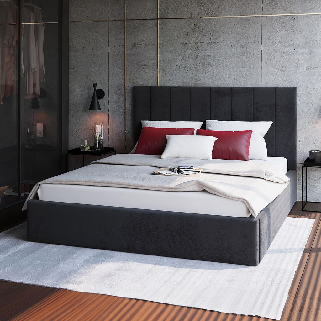 FDM Bett Kaja Trinity 120x200 cm Polsterbett mit Lattenrost aus Metall Bettkasten Stauraumbett Samt schwarz