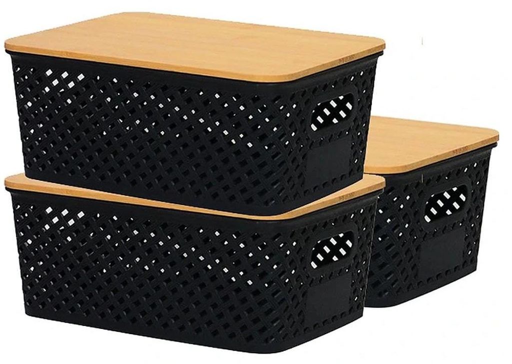 3-teiliges Aufbewahrungsbox-Set mit Bambus-Deck, stapelbare Stange, Küchen-Organizer mit Griff, für Küche, Schlafzimmer, Kleiderschrank, 5 Liter...