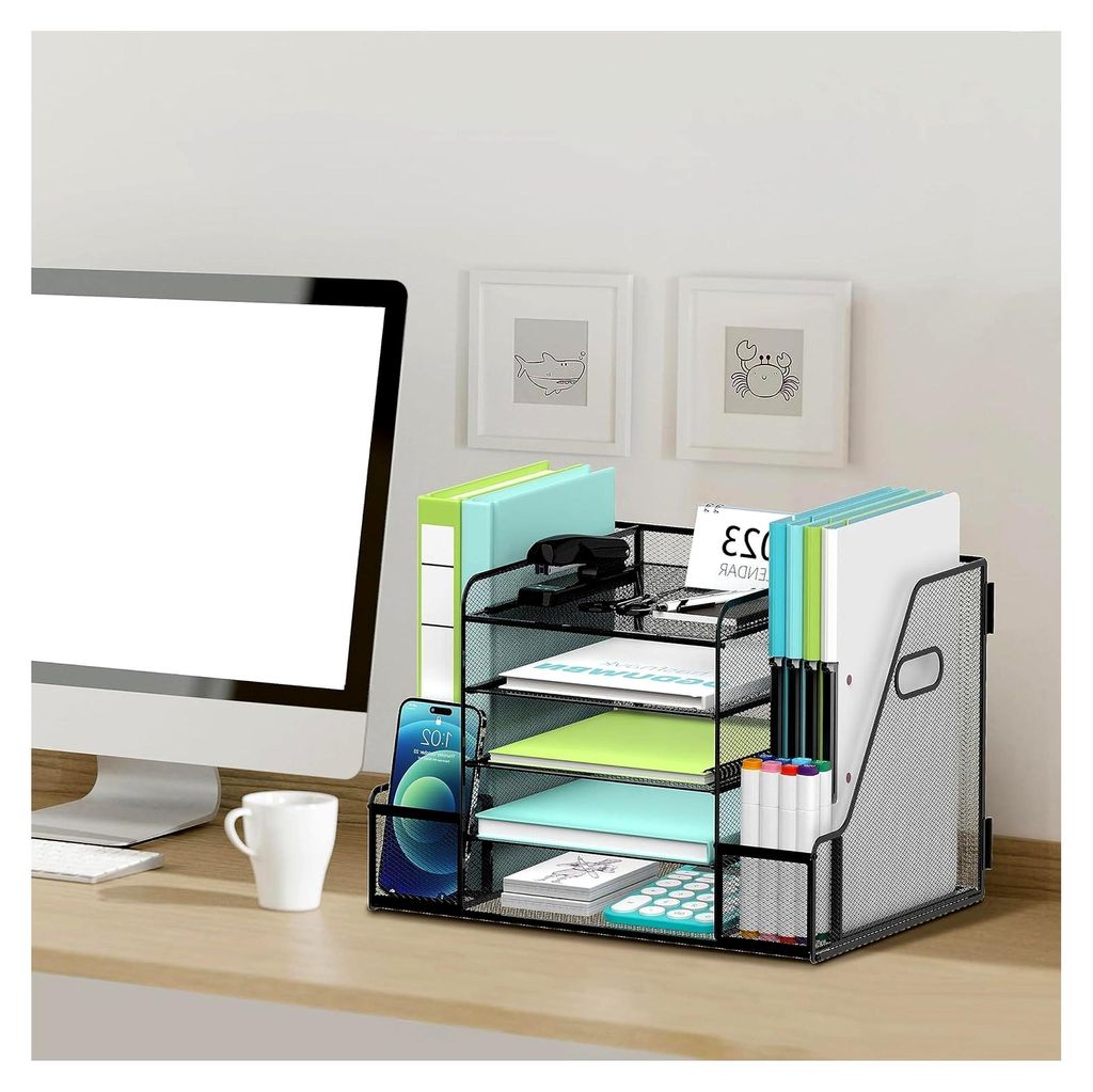 Mesh Schreibtisch-Organizer mit Aktenhalter, 5-stufiger Papierablage und Zeitschriftenständer, Schwarz