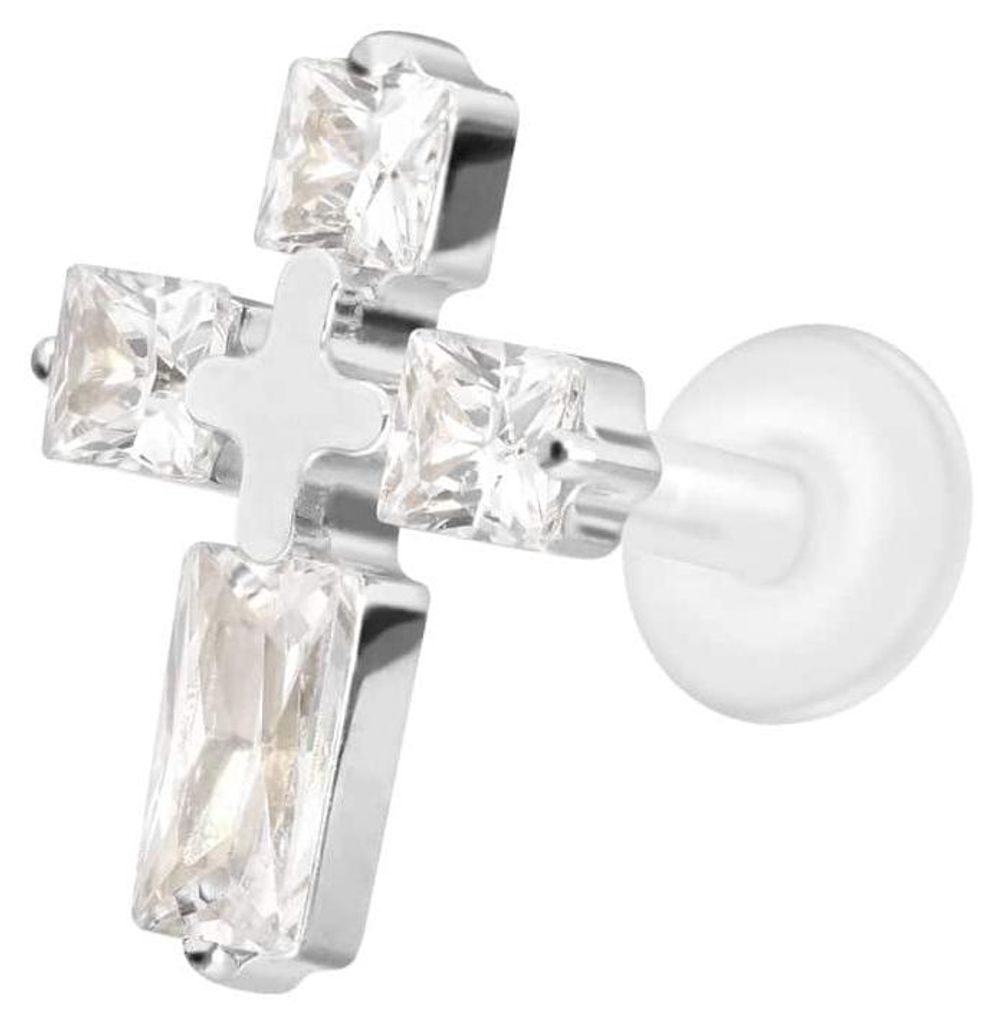 Ohrpiercing, Nasenpiercing PTFE Labret mit Innengewinde + Titan-Aufsatz KRISTALLKREUZ Silber Stablänge: 9mm | Stabstärke: 1,2mm