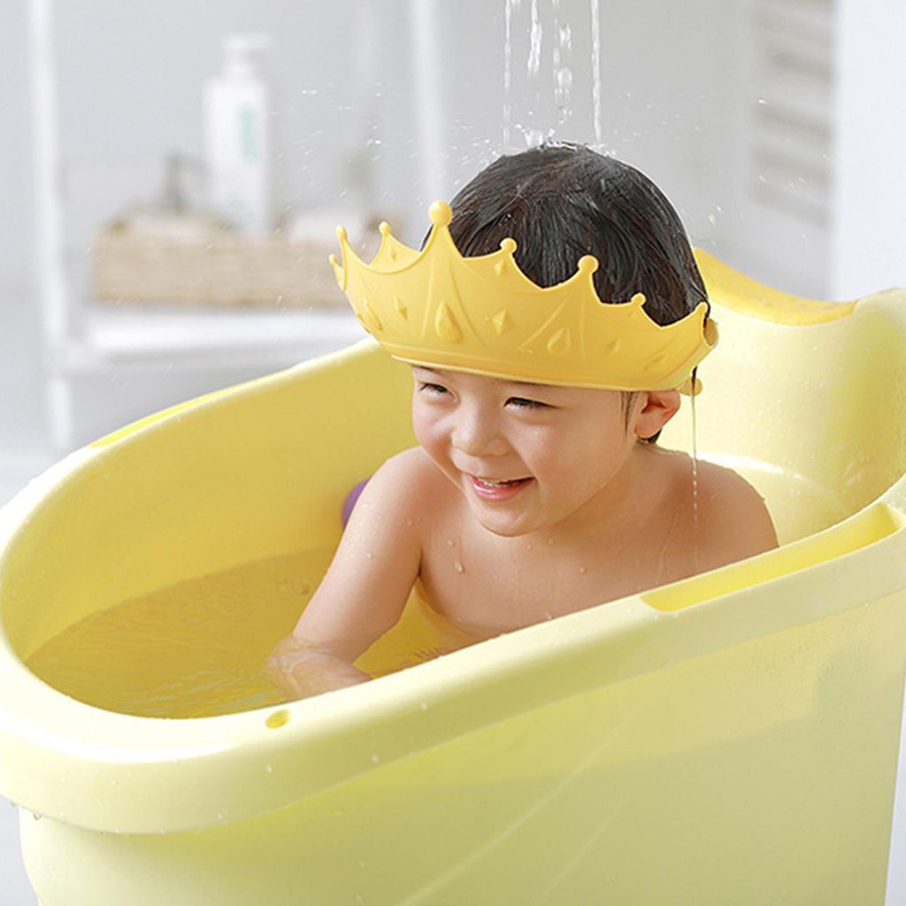 Baby-Duschhaube, Silikon, Kronenform, Gehörschutz, verstellbar, wasserdicht, Haarwaschmütze für Kleinkinder, Gelb