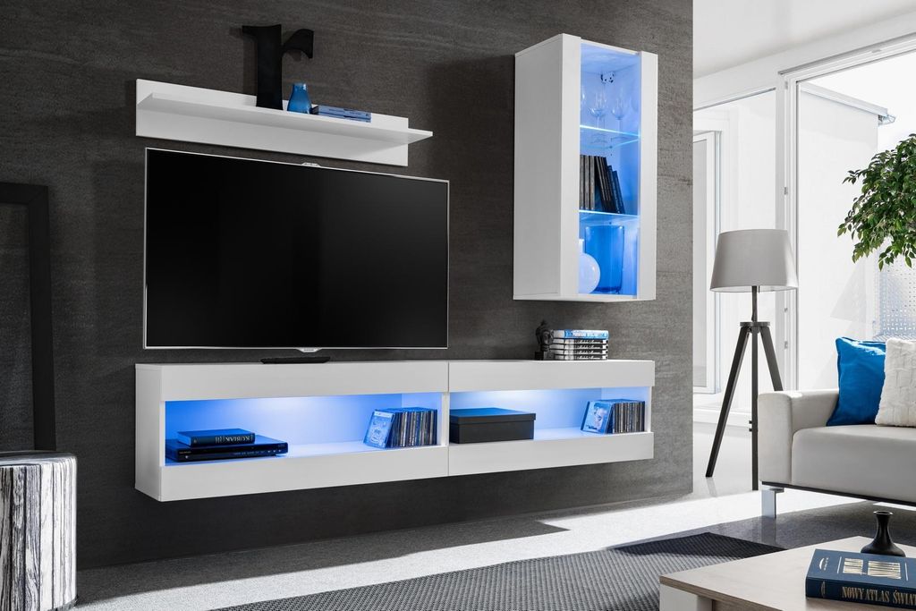 Komodee, Set, Möbel, Tivoli SET5, Weiß/Weiß, Breite 200cm x Höhe 195cm x Tiefe 35cm, LED Blau, für Wohnzimmer, Schlafzimmer