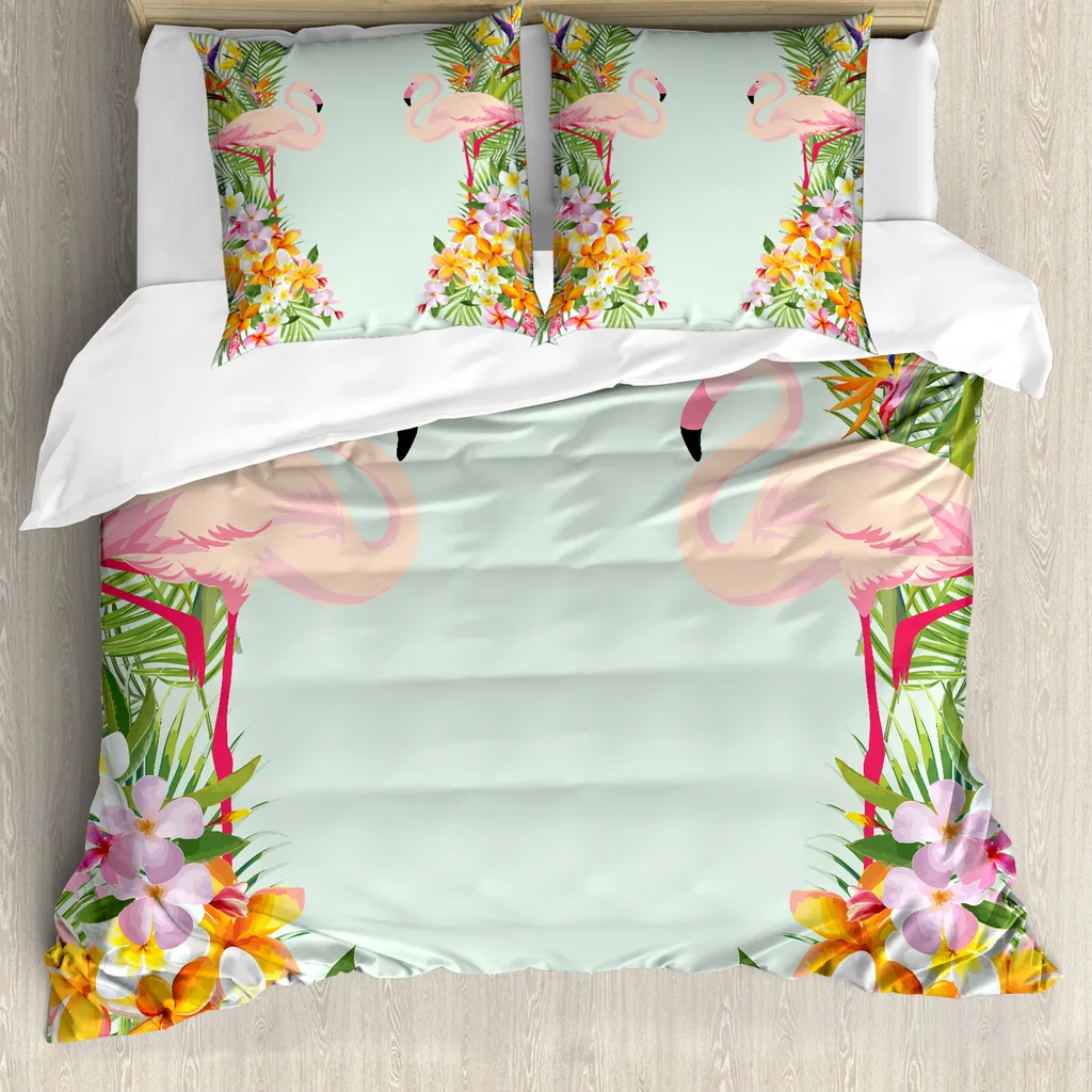 ABAKUHAUS Set copripiumino Flamingo Per letti matrimoniali, Fiori tropicali Animali, Antiacaro Adatto a chi soffre di allergie Con federe, Azzurro Multicolore