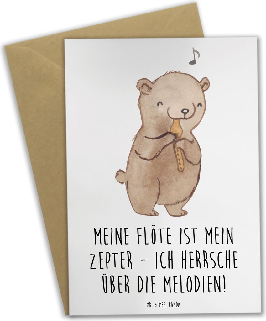 Mr. & Mrs. Panda Grußkarte Flötenzauber - Weiß - Geschenk, Instrument, Windinstrument, Musikinstrument, Flötist, Lernen, Musiker, Kammermusik, ...