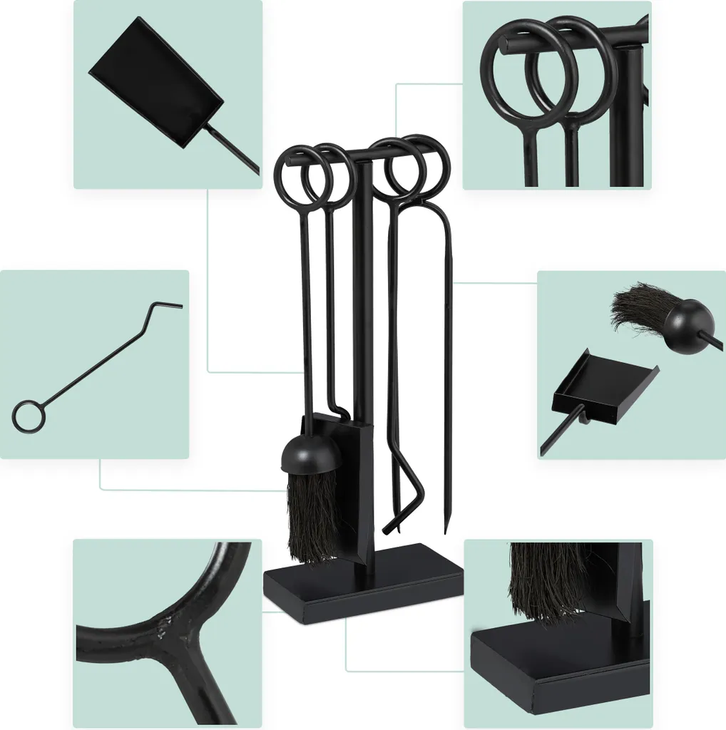 Relaxdays Set de 5 Couverts de Cheminée en Acier Noir Robuste 60 cm