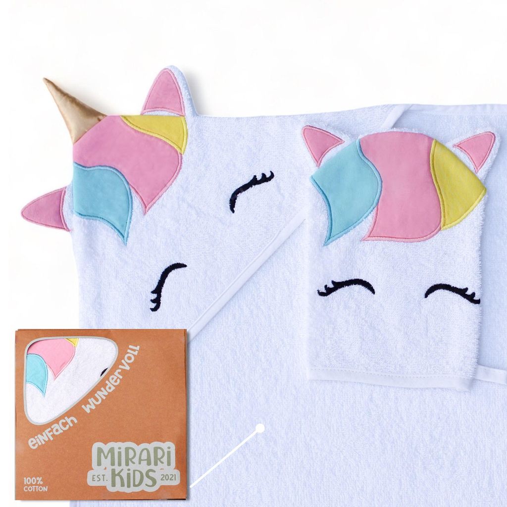 MIRARI Kids Einhorn Handtuch für Kleinkind 0-3 Jahre - Badehandtuch 80x80 mit Kapuze und Waschlappen - Baby Handtuch aus weicher Baumwolle