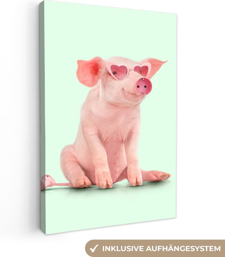 OneMillionCanvasses - Leinwandbilder - 90x140 cm, Schwein - Rosa - Brille - Sockel - Tiere, Wandbilder Kunstdruck Wanddekoration - Foto auf Leinw...