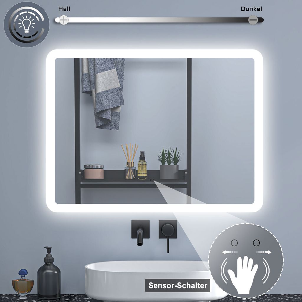 A bathroom scene featuring an illuminated LED mirror above a sink, with decorative items on a shelf behind it.