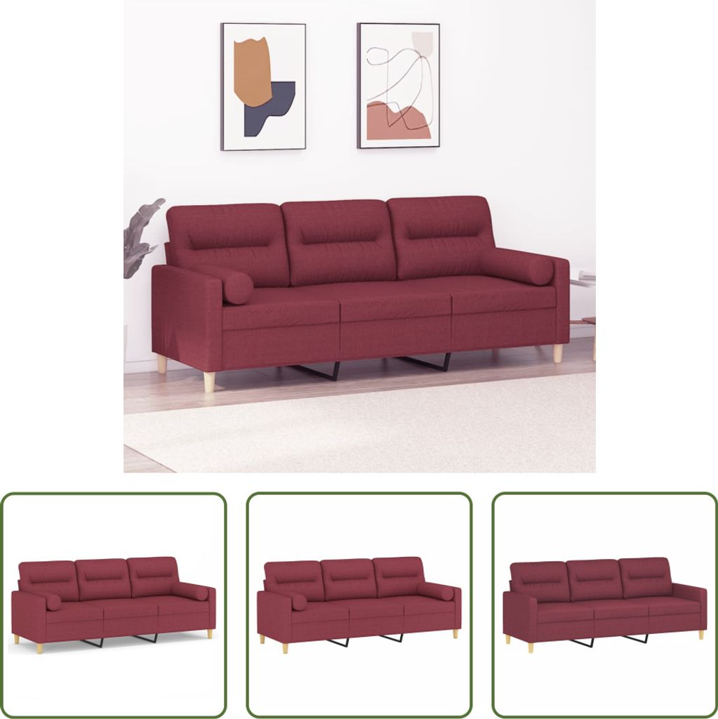 The Living Store 3-Sitzer-Sofa mit Zierkissen Weinrot 180 cm Stoff