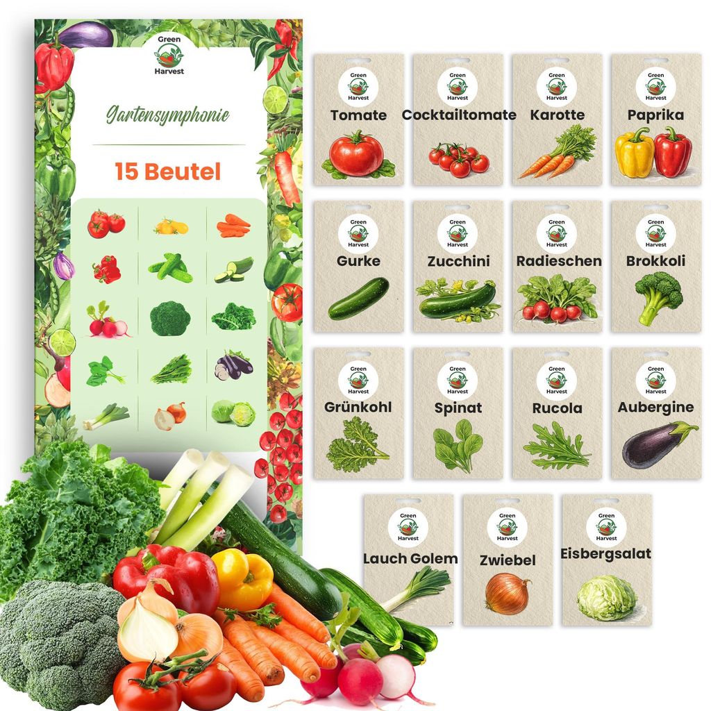 Gemüsesamenset 15 Sorten Samen Saatgut für Gemüse Tomate Zucchini Spinat Gemüse Cocktailtomate Karotte Paprika Zucchini Rucola im Garten Gewäc...