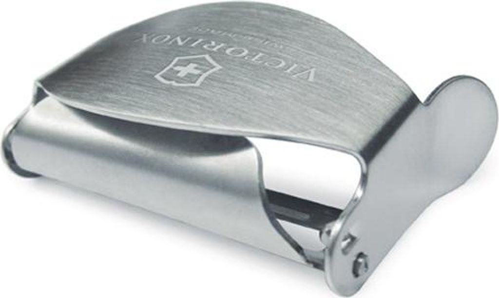 A close-up studio shot of a silver Victorinox peeler on a white background.