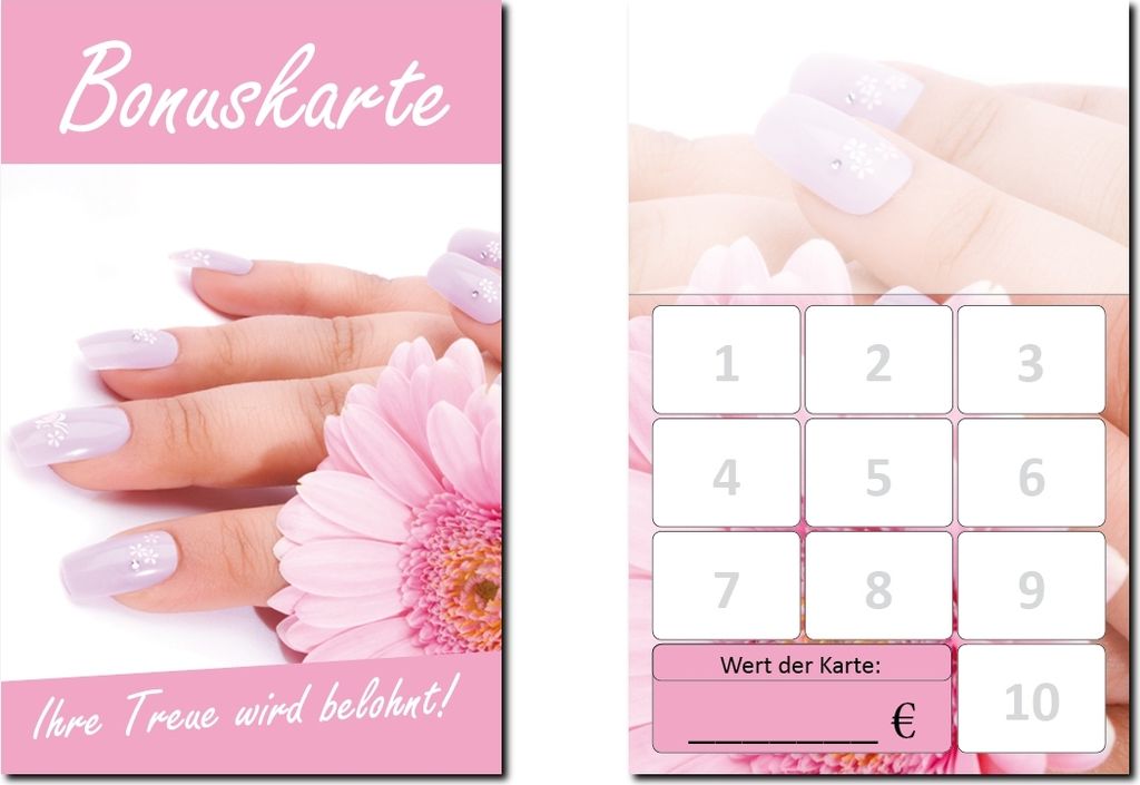 500 Stück Bonuskarten Nagelstudio Rosa Nägel Wellness Kosmetik (BOK-421) mit 10 Stempelfeldern Treuekarten Massage Beauty