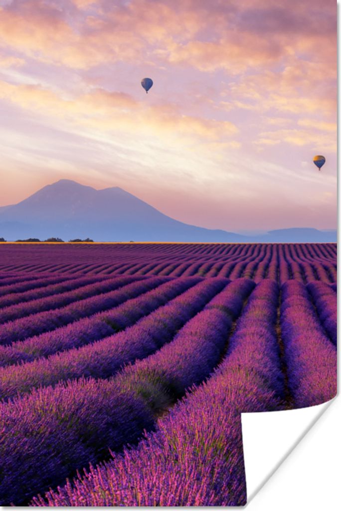 MuchoWow Poster Lavendel - Heißluftballon - Berg - Lila 60x90 cm - Wanddekoration