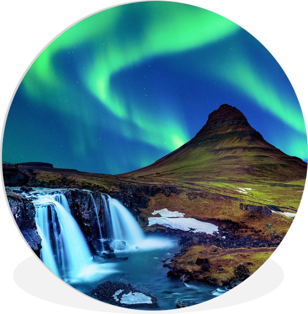 MuchoWow Rundes Wandbild - Runde Bilder Nordlicht - Sternenhimmel - Island - Berg - Grün - Wasserfall - See Ø 30 cm Kreis Wanddekoration Kunsts...