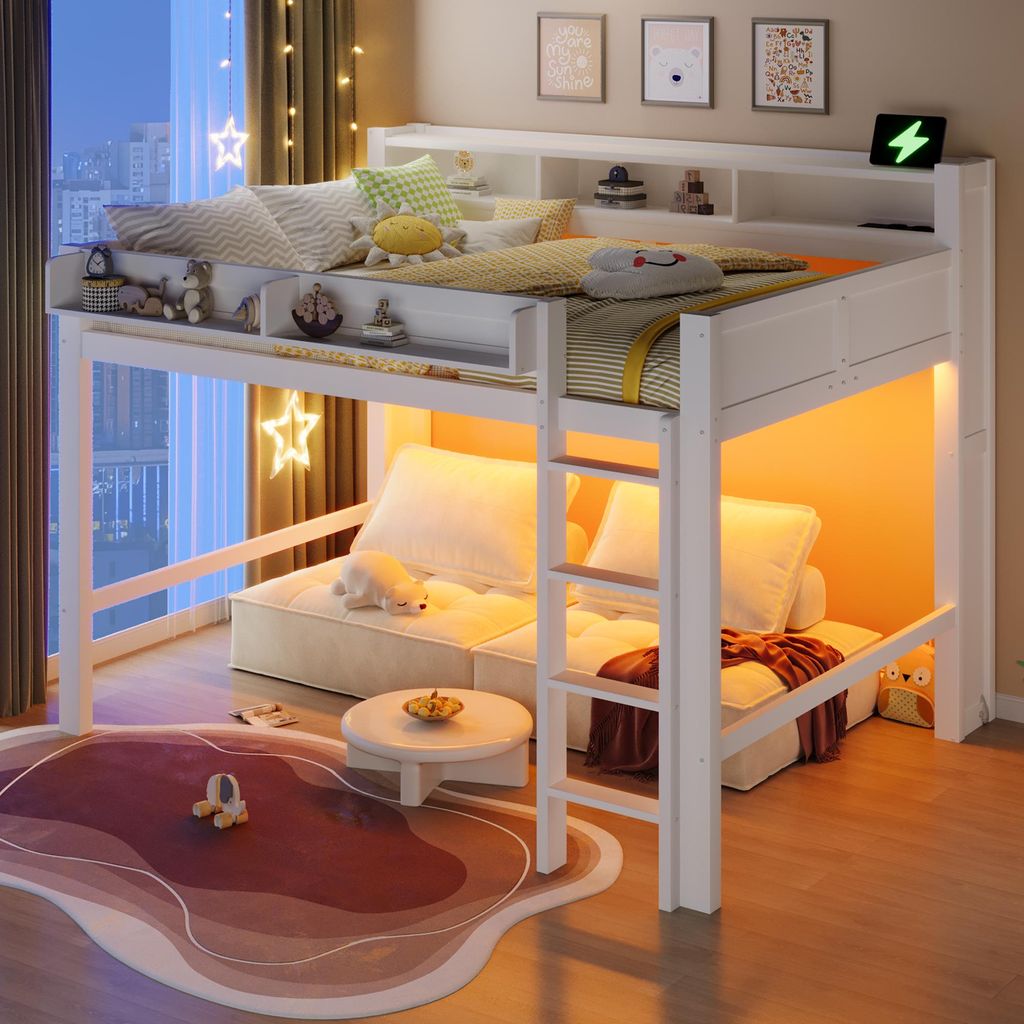 Merax Hochbett 140x200 cm, Holz Etagenbett mit Schreibtisch, LED Beleuchtung, USB Anschluss, Regale, Kinderbett Jugendbett mit Leiter, Stockbett, W...